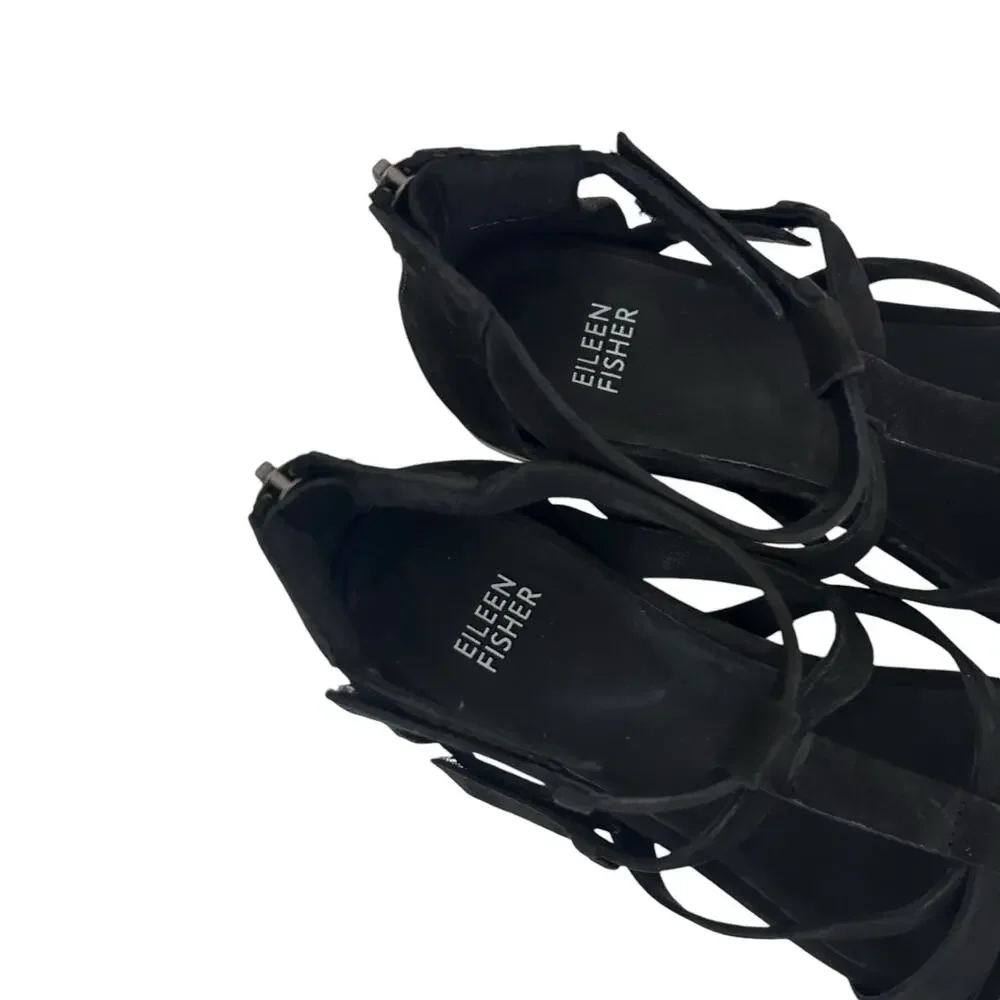 Eileen Fisher Black Sola Tumbled Nubuck Sandals Sz 7